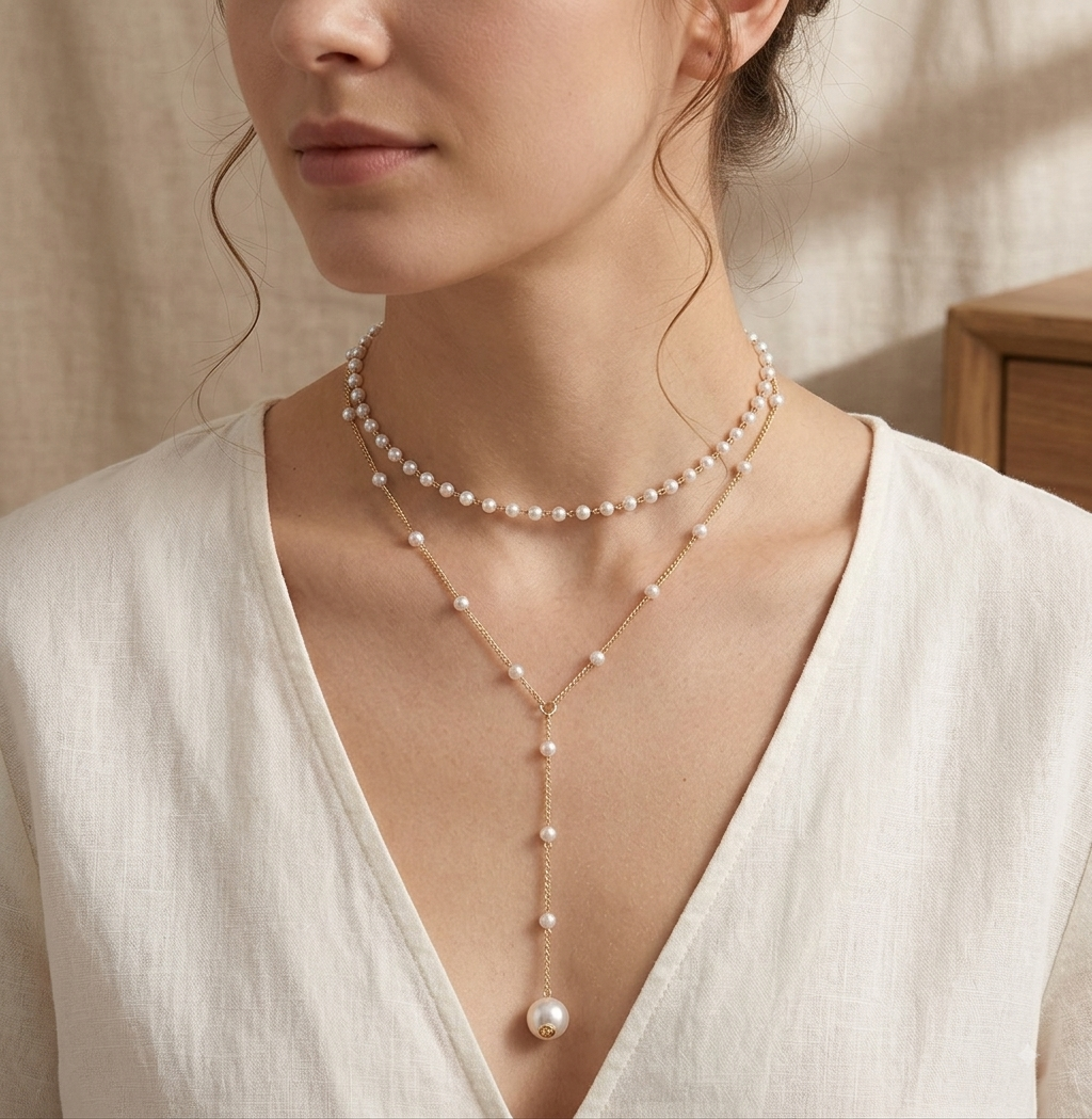Layered Pearl Lariat Necklace