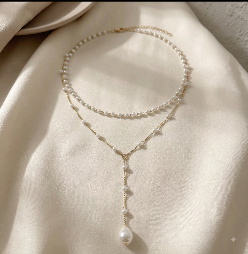 Layered Pearl Lariat Necklace