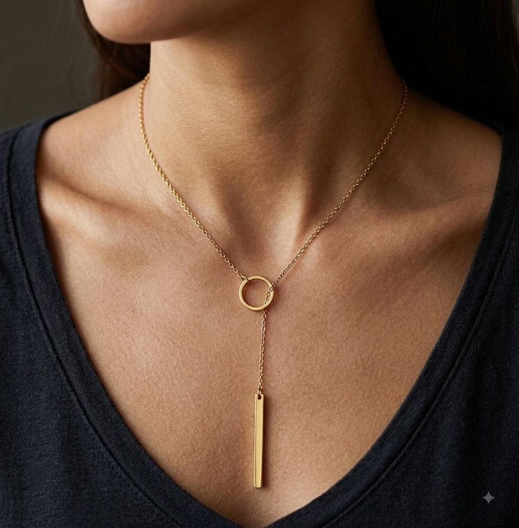 Gold Circle Bar Lariat Necklace