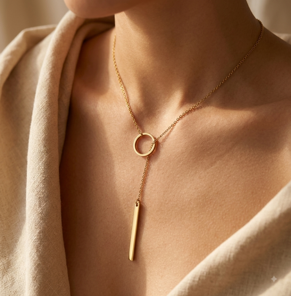 Gold Circle Bar Lariat Necklace