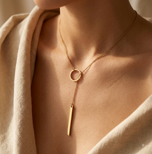 Gold Circle Bar Lariat Necklace