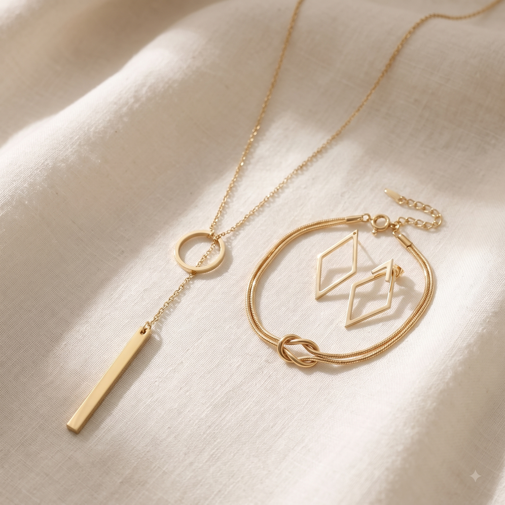 The Everyday Gold Set - gold lariat necklace, gold knot bracelet and geometric gold earrings together