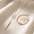 The Everyday Gold Set - gold lariat necklace, gold knot bracelet and geometric gold earrings together